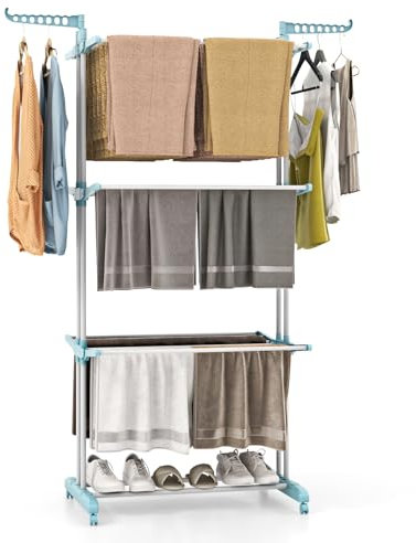 COSTWAY Stendibiancheria a Torre, Stendibiancheria Verticale Salvaspazio con Supporti per Grucce Girevoli e Piani Pieghevoli, Stendino Pieghevole con Ruote, 127 x 63 x 171 cm (Azzurro)