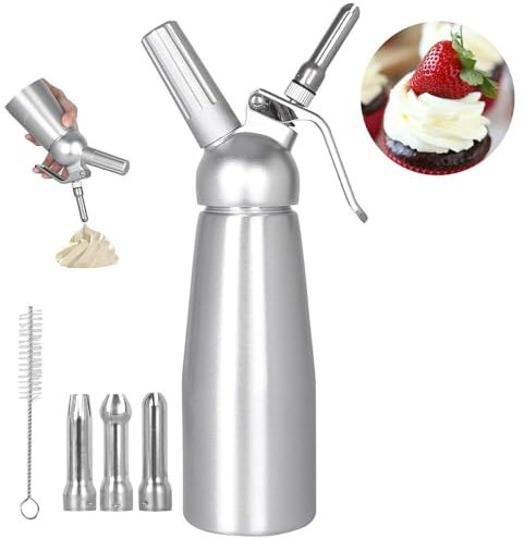 Inoamity Sifone Chantilly professionale, 500 ml, in alluminio, con 3 bocchette in acciaio inossidabile, spazzola di pulizia e porta cartucce a gas N2O, ideale per pasticceria, dolci, caffè e uso