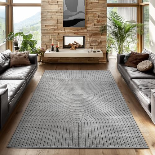 SIMPEX Tappeto 200x290 cm Grigio, Pelo Corto con Effetto 3D Alto-Basso, Design Boho Scandinavo, per Soggiorno, Camera, Cucina o Esterni