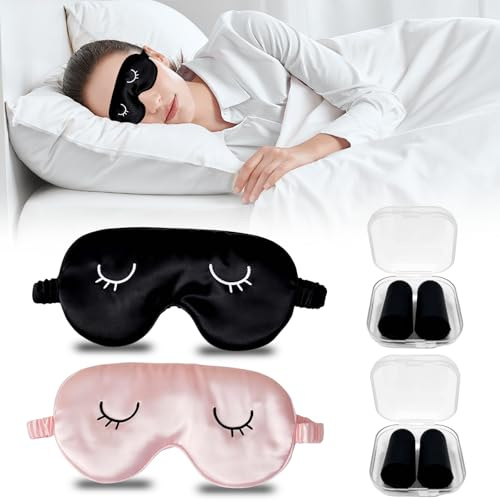 2 stycken 20 x 10 cm sovmasker män och 2 par svarta öronproppar set, stretchig sovmask silke, lindrar ögontrötthet sovmask kvinnor sovglasögon för sovrum (rosa och svart)