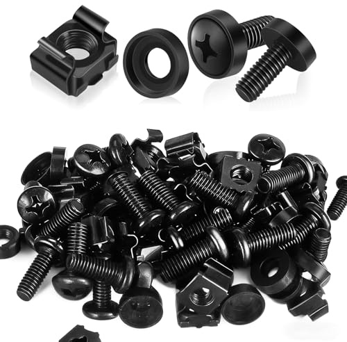 Rack Mount Cage Nuts, 50 Pack M6 x 16mm Server Rack Screws, Bolts and Washers for Server Racks Audio Rack Cabinet Routers and Shelves (Black)
