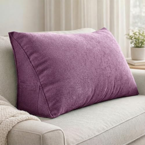 Aocase Cojín de Respaldo Triangular Multiusos - Almohada de Lectura para Cama, Soporte Lumbar Ergonómico, Cuña Grande para Sofá, Dormitorio o Oficina,Púrpura,60×35×20cm