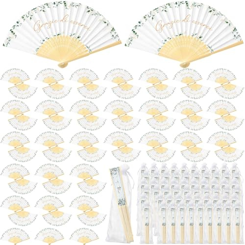Namalu 60 Pezzi Ventaglio Matrimonio Carta con Manico in Bambù Grazie di Esserci Segnaposto Bomboniera Ventagli Pieghevoli Bianchi Eucalipto 60 Sacchetto Idee Regalo per Ospiti Estate Compleanno Festa