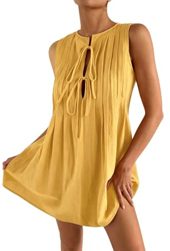 Vestido Corto Plisado de Verano para Mujer, sin Mangas, con Abertura y Lazo Frontal. Vestido Mini Plisado Estilo Babydoll, vaporoso y sin Mangas. (Amarillo,XL)