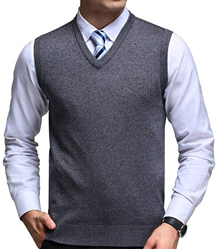 FULIER Mens Winter V-Neck Sleeveless Vest Classic Business Gentleman Knitwear Knitted Waistcoat Sweater Cardigans Tank Tops (Medium, Dark Grey)
