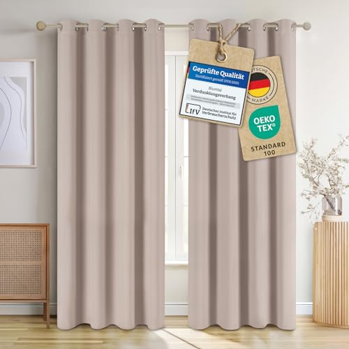 Blumtal Verdunklungsvorhänge 2er Set - Thermovorhang Hitzeschutz - Vorhang Blickdicht mit Ösen - Gardinenschals mit Schlaufen - Gardinen 295x140 cm-Gardienenschalset 2er - Gardinen Ösen - Taupe
