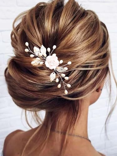 Gorais Flower Bride Wedding Hair Comb Pearl Bridal Hair Pieces Leaf Hair Accessories for Women and Girls (a-silver)