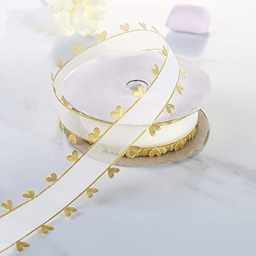 25mm x 18m Herzen Organzaband Organza Bänder Geschenkband Tüllband Schleifenband Dekoband für Auto Hochzeit Deko Tischdeko Zimmerdeko,um zu Machen Antennenschleifen Autoschleifen Autoschmuck,Gold
