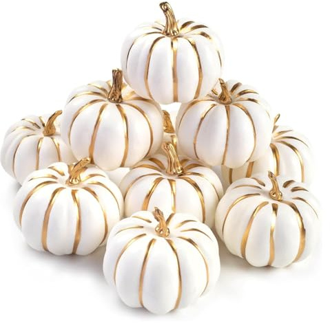 DomeStar 10 PCS White Foam Pumpkins with Gold Lines, Artificial Pumpkins