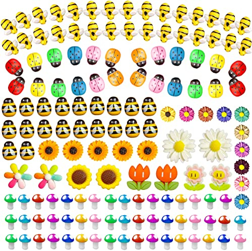 225 pcs Abeille en Résine Coccinelle en Bois Fleur de Marguerite Champignon Décor, Bourdon Embellissement Breloque Slime Miniature Accessoires pour jardins de fées Figurines Micro paysage Scrapbooking