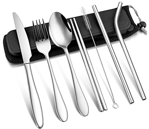 Herogo Reisebesteck Set, 9-teilig Edelstahl Campingbesteck Set, Tragbare Picknick Outdoor Besteck mit Messer Gabel Löffel Essstäbchen Strohhalme, schwarzer Etui & Tasche, Spülmaschinenfest