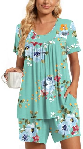 TAOHUADAO Womens Summer 2 Piece Pajama Sets, Short Sleeve Pleated Tunic Tops with Comfy Shorts, Lounge Sleepwear Ladies Pjs Sets with Pockets 2XL, Mint Green