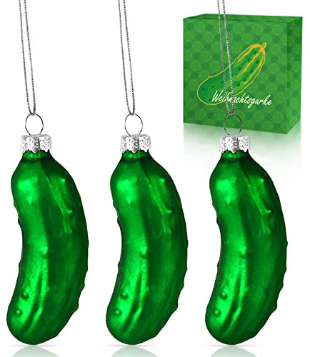 Weihnachtsgurke Christbaumschmuck, 3 Stück Gurke Weihnachtsschmuck aus Glas Traditioneller Baumschmuck, Christbaumschmuck Gurke im Geschenkkarton (9cm, Matt Grün)