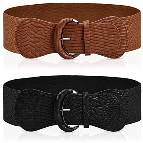 2 Piezas Cinturon Mujer Elastico Cinturón Elástico Ancho Cinturones de Mujer Anchos con Hebilla de Metal Retro Señoras de Cintura Elástica Cinturón, Cinturon para Vestidos, Falda, Camisa, Pantalones