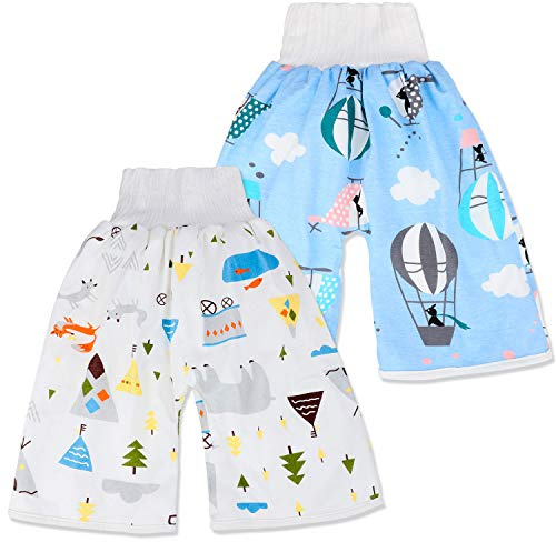 FLYISH DIRECT Potty Training Pants Shorts 2 Packs, Waterproof Diaper Skirt, Reusable Anti-bedwetting Potty Pants, Cotton, 4-8 Years, High Waist Blue