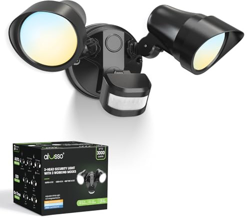 ALUSSO 30W 3000LM LED Security Light Outdoor Motion Sensor, Pir Flood Light Outdoor IP65 Waterproof, 3CCT 3000K 4000K 6500K Outside Floodlight for Garden Garage, Dusk to Dawn, 2 Heads, 3 Modes