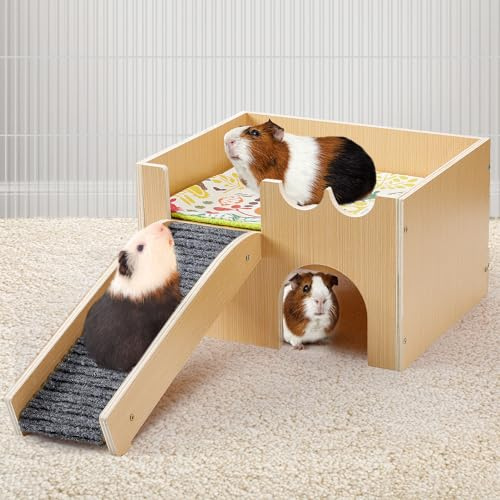 Upgraded Guinea Pig Castle, Sturdy Wooden Guinea Pig Hideout, Small Animal House Bed Hut Habitats with Stairs, Easy to Assemble for Hamsters Bunny Chinchillas Playing Hiding