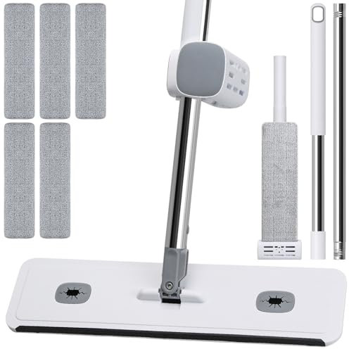 ROTRES Mocio Piatto Lavapavimenti Grande,Mocio Panno Microfibra per Pavimenti,Mocio Pavimenti con Strizzatore Integrato 133cm,5 panni riutilizzabili,Rotazione a 360°,per Tutti i Tipi di Pavimenti