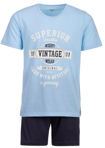 Henry Terre Herren Pyjama Set 2 TLG. Shorty Vintage Blaue Shorts Übergröße Baumwolle, Farbe:Hellblau, Größe:5XL