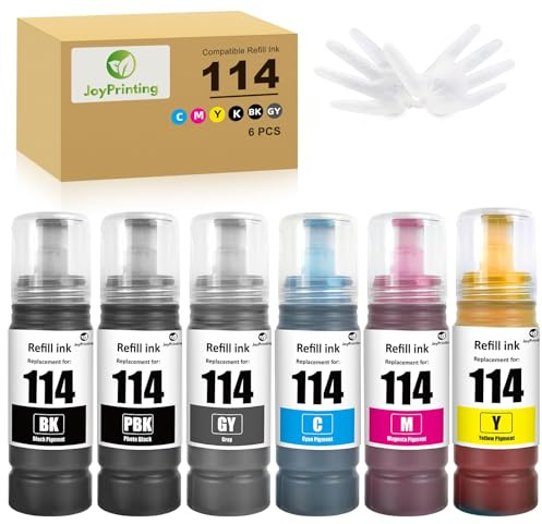 JoyPrinting 114 Ink Replacement for Epson 114 Ink Bottle Multipack Compatible for EcoTank ET-8500 ET-8550 (6-Pack, Black/Photo Black/Cyan/Magenta/Yellow/Grey)