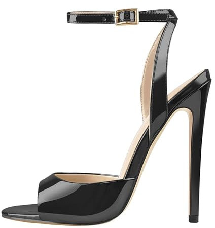 blingqueen Damen Peeptoe Sandaletten Lack Sandalen High Heels Schnalle Slingback Pfennigabsatz Schwarz 43 EU
