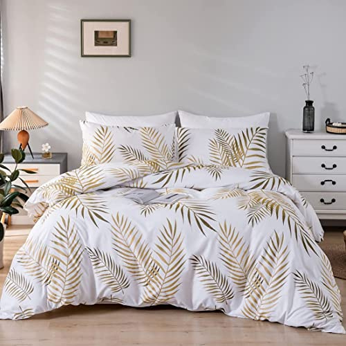 YASMENG Housse de Couette 200x200 Feuilles de Palmier Tropicales Motif Or Blanc Parure de Doux Microfibre Lit Linge de Lit 2 Personne Adulte avec Fermeture Éclair avec Taies d'oreiller 65x65 cm