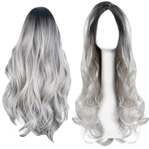 Peluca gris para mujer, Pelucas para mujer, Largo Rizado, Degradado, Peluca sintética de aspecto natural, Raíces Oscuras para Fiesta Diaria Cosplay, Pelucas adecuadas para regalos de Halloween