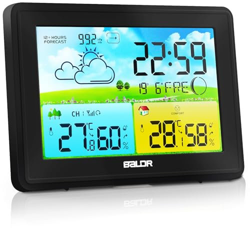 Wetterstation Funk mit Außensensor, Innen und Außen Temperatur/Luftfeuchte, Funkwetterstation mit Wettervorhersage, Barometer und Mondphase, Digital Farbdisplay DCF Funkuhr, zum Stellen/Hängen,Schwarz