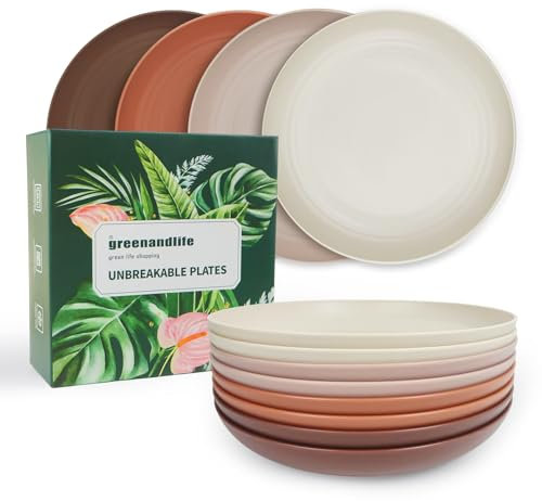 greenandlife lot de 8 assiettes, assiette en plastique réutilisable de 25 cm, assiettes lavables au lave-vaisselle et au micro-ondes, incassables et légères