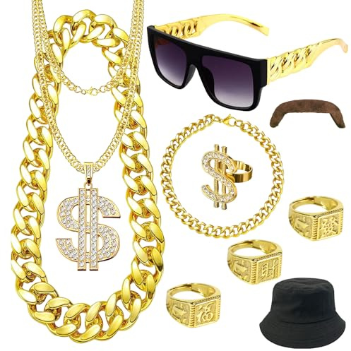 4 stycken dollar-kedja-set, guldkedja män, kostym rapper guldkedja kostym, hiphop-kostym set, dollar tecken halsband ringar, solglasögon guldkedja karneval för 70-talet, 80-talet, 90-talet, b, 1