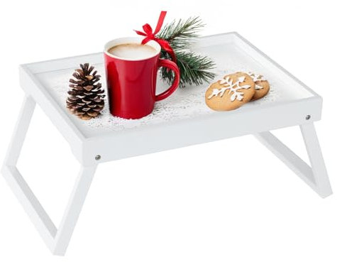 Bamboo Bed Tray for Breakfast with Folding Leg, Breakfast Trays for Eating, Bed, Sofa, Bed, Snacking or Working, Laptop Desk Snack Tray (White)