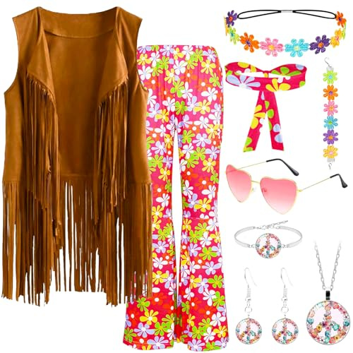 Saier tbo 9 stycken hippie-dräktsset för kvinnor, 70-tals kvinnor hippie-kläder med fransväst, slagbyxor, pannband, solglasögon, halsband, örhängen för karneval karneval, disco temafest (M)