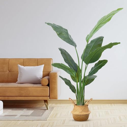 DOKKOME - Pianta Artificiale 120cm, Grande Pianta Artificiale Paradisiaca, Piante Tropicali, Palma Artificiale con 9 Foglie, Falso Banano in Vaso, Decorazione in Plastica per Soggiorno, Ingresso