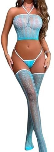 PARUPRUP Damen Bodystockings Catsuit Sexy Reizwäsche Netzbody Cut Out Ärmellose Nachtwäsche (Blau)