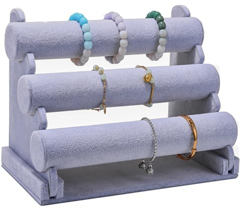 Cecijelry Espositore per bracciali, espositore per braccialetti in velluto a 3 livelli, organizer per gioielli rimovibile per fornitori (grigio)