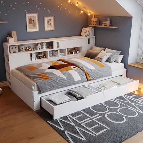 Gegtuon Schlafsofa Bett 90x200, Kinderbett Sofabett mit Regal Stauraum, Holzbett Gästebett mit 2 Schubladen, Einzelbett Stauraumbett Betten Bettgestell mit Lattenrost aus Holz, ohne Matratze, Weiß