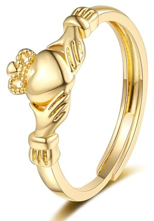 Adjustable Claddagh Ring for Women, Minimalist Celtic Knot Ring for Women, Irish Promise Wedding Band, Silver/Rose Gold Plated/Gold Plated Open Band, Size 6-10 (Gold)