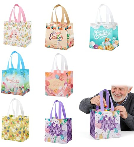 Cestini Pasquali con Manico, Set di 14 Sacchetti di Festa in Tessuto Non Tessuto, 7 Design Colorati per Pasqua, 21x15x20 cm, Ideali per Regali e Decorazioni Pasquali