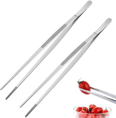 hankousi 2 pinzas de cocina de acero inoxidable de 30 cm con puntas de precisión para asar a la parrilla y servir (plateado)
