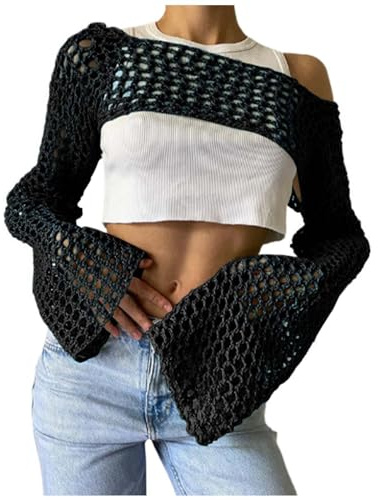 Haut à manches longues Y2K Crop Tops Crochet Châle transparent Boléro en tricot Boléro Pull Bikini Cover Ups