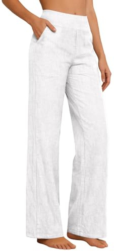 pantaloni palazzo donna, Pantaloni Donna Estivi in Cotone e Lino, Eleganti Elastico Vita Alta Pantaloni Larghi Curvy Leggeri e Comodi a Gamba Larga Casual Yoga Pantalone Gamba Dritta, Bianco, M