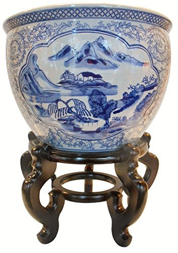 Oriental Furnishings Blue and White Porcelain Garden Pots Painted Landscape (10 W x 8 H | Inside Rim 8 | Base 6.5)