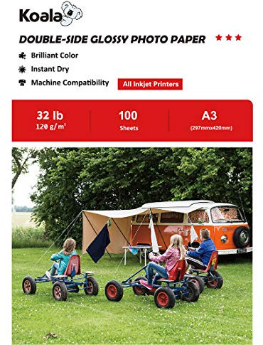 Koala Fotopapier für Tintenstrahldrucker, Doppelseitig, Glänzend, A3, 120 g/m², 100 Blatt. Geeignet zum Drucken von Fotos, Zertifikaten, Broschüren, Flyern, Faltblättern, Grußkarten, Kalendern, Kunst