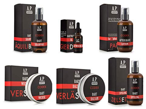 A.P. Donovan - Pflege Set für Männer | mit Bartbalsam, Bartwax, Bartspülung, Bartwuchsöl, Bartshampoo, Aftershave | CODEX Bartpflege-Serie