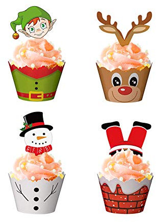 Navidad Cupcake Toppers y envoltorios 72 piezas de accesorios para fiestas de Navidad, Muñeco de nieve, Papá Noel, reno, duende divertido Cupcake Topper para Baby Shower cumpleaños graduación boda