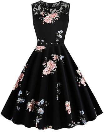 AXOE Damen Rockabilly Kleid 50er Jahre Vintage A-Linie Festlich & Alltag mit Spitze & Gürtel für Hochzeit Sommer Cocktail Schwarz mit Blumenmuster F4, Gr.42 (EU 44), XL