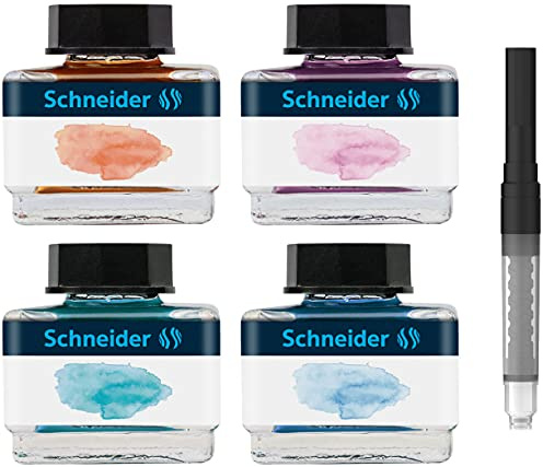 Schneider Tintenfass Pastell Geschenkset (4x Tintenglas 15ml, inkl. Konverter) Bermuda Blue, Ice Blue, Lilac, Apricot