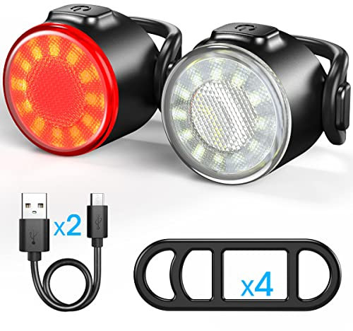 Luce per bicicletta a LED, illuminazione anteriore e posteriore ricaricabile tramite USB, 6 modalità di luminosità, adatta a tutte le biciclette e a ogni tipo di condizioni meteorologiche