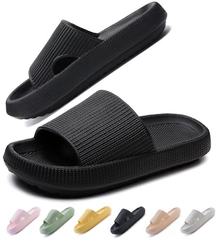 IDEINER Ciabatte Nuvola Donna Uomo Morbide Pantofole Estive Suola Alta Gomma Casa Slides Mare Spiaggia Piscina Sandali Doccia Antiscivolo Eva Ortopediche Comode Slippers Nero Taglia 42/43