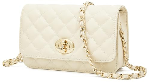 FOXLOVER Petit sac à bandoulière en cuir véritable pour femmes, sac à bandoulière matelassé en chaîne, sac à main décontracté en treillis, blanc 2